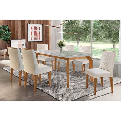 Kit Mesa Londrina Tampo Vidro 180cm + 6 Cadeiras Imbuia Veludo Creme