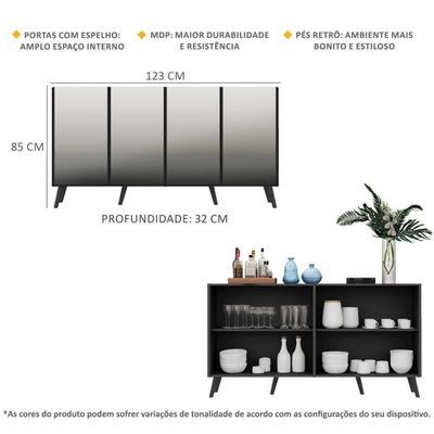 Aparador Buffet 4 Portas com Espelho e Pés Retrô Preto