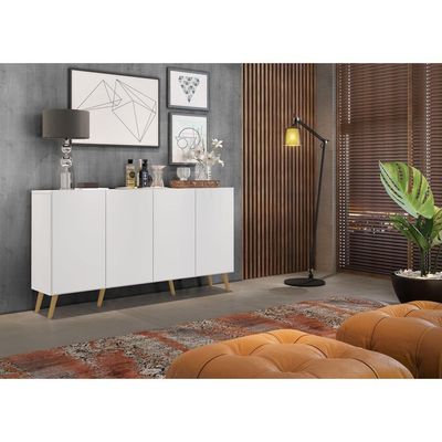 Aparador Buffet 4 Portas com Pés Retrô Branco/natural
