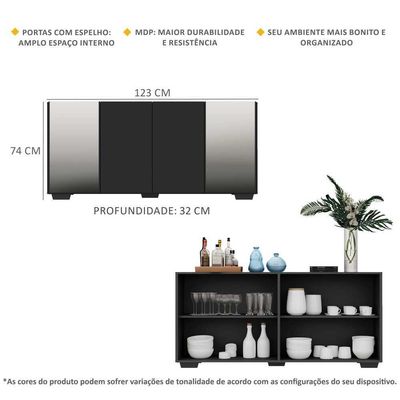 Aparador Buffet com Espelho e Pés Quadrados Preto