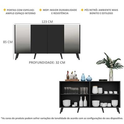 Aparador Buffet com Espelho e Pés Retrô Preto