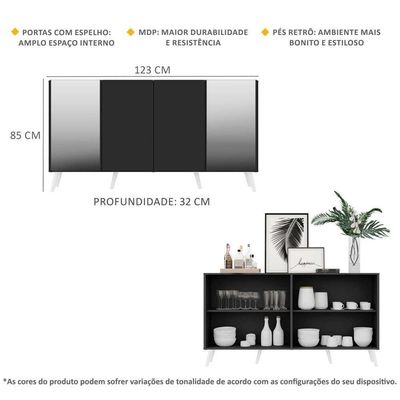 Aparador Buffet com Espelho e Pés Retrô Preto/branco