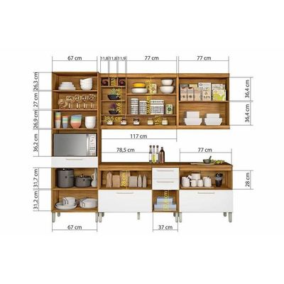 Cozinha Modulada Nesher Burguesa Premium 5pçs 2 Armários 2 Balcões 1 Paneleiro C5P23 Freijó/Branco