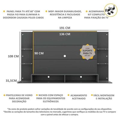 Painel Tv 60 com Suporte e Prateleiras de Vidro Grafite