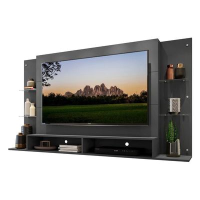 Painel Tv 60 com Suporte e Prateleiras de Vidro Grafite