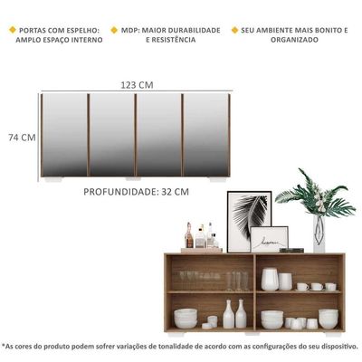 Aparador Buffet 4 Portas com Espelho e Pés Rustic/branco