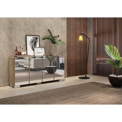 Aparador Buffet 4 Portas com Espelho e Pés Rustic/branco
