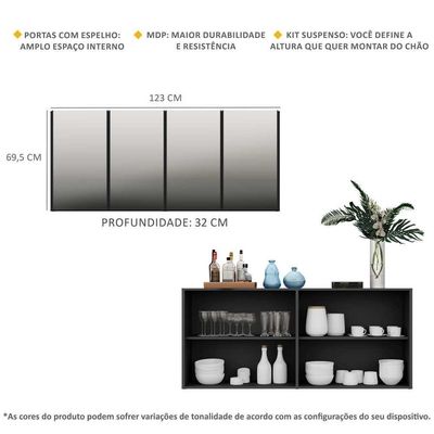 Aparador Buffet 4 Portas com  Espelho Suspenso Preto