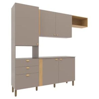Cozinha Compacta Bartira Pérola com 5 Portas, 2 Gavetas, 1 Gavetão e 4 Prateleiras - 251cm de largura Bege Médio