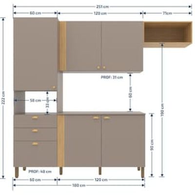 Cozinha Compacta Bartira Pérola com 5 Portas, 2 Gavetas, 1 Gavetão e 4 Prateleiras - 251cm de largura Bege Médio
