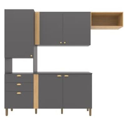 Cozinha Compacta Bartira Pérola com 5 Portas, 2 Gavetas, 1 Gavetão e 4 Prateleiras - 251cm de largura Cinza