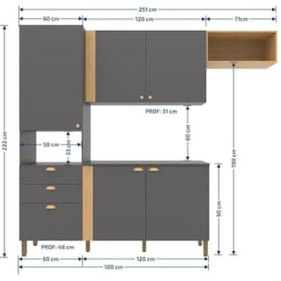 Cozinha Compacta Bartira Pérola com 5 Portas, 2 Gavetas, 1 Gavetão e 4 Prateleiras - 251cm de largura Cinza