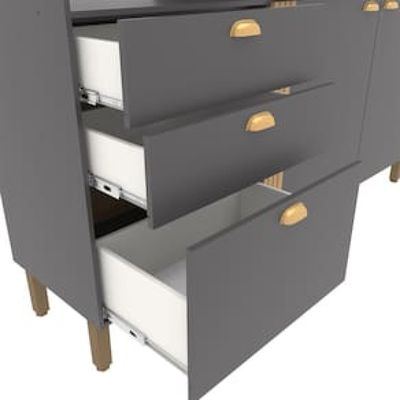 Cozinha Compacta Bartira Pérola com 5 Portas, 2 Gavetas, 1 Gavetão e 4 Prateleiras - 251cm de largura Cinza