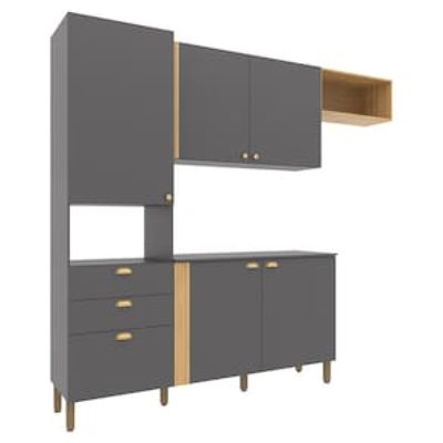 Cozinha Compacta Bartira Pérola com 5 Portas, 2 Gavetas, 1 Gavetão e 4 Prateleiras - 251cm de largura Cinza