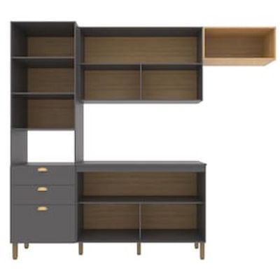Cozinha Compacta Bartira Pérola com 5 Portas, 2 Gavetas, 1 Gavetão e 4 Prateleiras - 251cm de largura Cinza