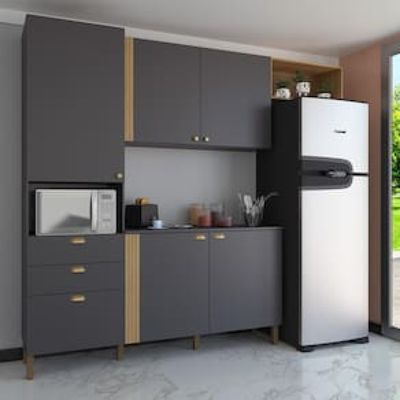 Cozinha Compacta Bartira Pérola com 5 Portas, 2 Gavetas, 1 Gavetão e 4 Prateleiras - 251cm de largura Cinza