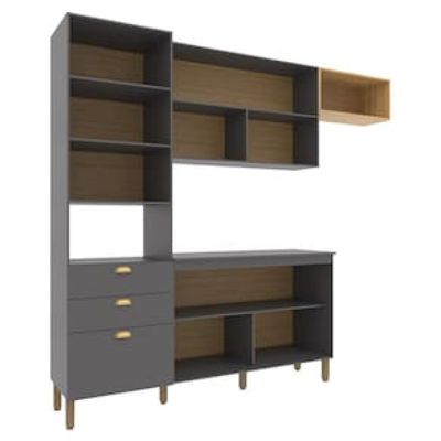 Cozinha Compacta Bartira Pérola com 5 Portas, 2 Gavetas, 1 Gavetão e 4 Prateleiras - 251cm de largura Cinza