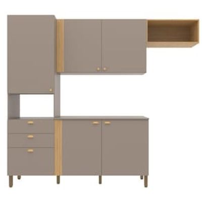 Cozinha Compacta Bartira Pérola com 5 Portas, 2 Gavetas, 1 Gavetão e 4 Prateleiras - 251cm de largura Bege Médio