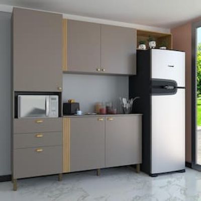Cozinha Compacta Bartira Pérola com 5 Portas, 2 Gavetas, 1 Gavetão e 4 Prateleiras - 251cm de largura Bege Médio