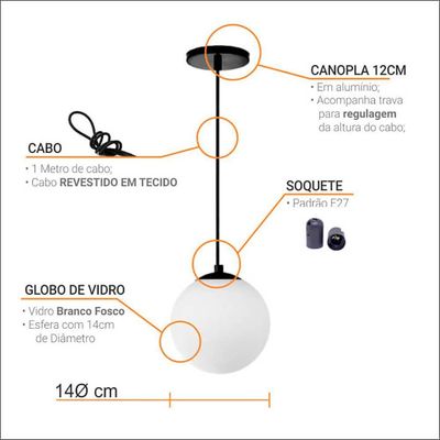Pendente Globo Esfera De Vidro âmbar 14cm - Preto