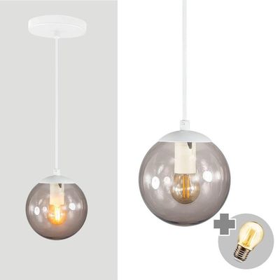 Pendente Branco C/ Globo De Vidro Fume De 14cm + Led 2w