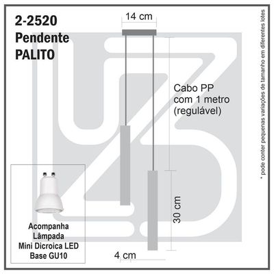 Pendente Duplo Tubo Palito Moderno 30cm Preto + Led 4w