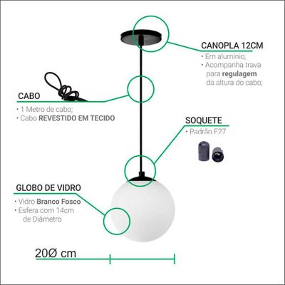 Pendente Globo Esfera De Vidro Cristal 20cm - Branco