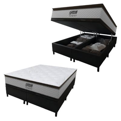 Cama Box Baú Queen Colchão Molas Pocket Ensacadas Tower 158x198x75cm Branco-preto Gazin Branc-marr