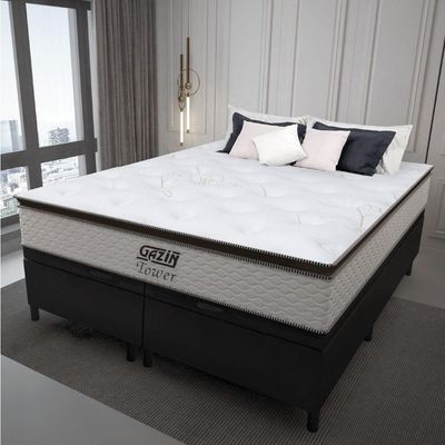 Cama Box Baú Queen Colchão Molas Pocket Ensacadas Tower 158x198x75cm Branco-preto Gazin Branc-marr