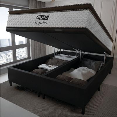 Cama Box Baú Queen Colchão Molas Pocket Ensacadas Tower 158x198x75cm Branco-preto Gazin Branc-marr