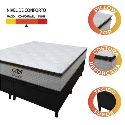 Cama Box Baú Queen Colchão Molas Pocket Ensacadas Tower 158x198x75cm Branco-preto Gazin Branc-marr