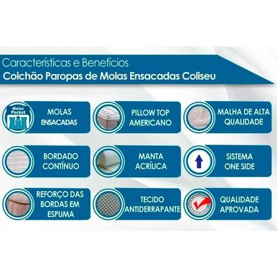 Colchão Solteiro Molas Ensacadas Masterpocket Coliseu Pillow Top (88x188x30) - Paropas
