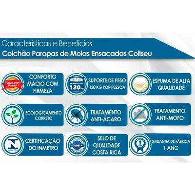Colchão Solteiro Molas Ensacadas Masterpocket Coliseu Pillow Top (88x188x30) - Paropas