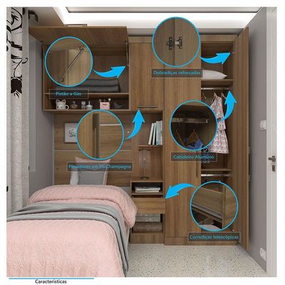 Quarto De Solteiro Com Guarda Roupas Mesa De Cabeceira E Nicho Paris Luciane Móveis Avelã Pf Com B