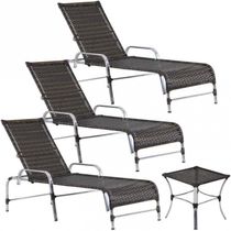 3 Espreguiçadeiras Catar E Mesa Piscina Jardim Regulagem Pedra Ferro
