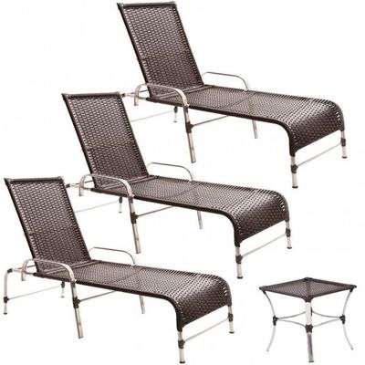 3 Espreguiçadeiras Catar E Mesa Piscina Jardim Regulagem Tabaco