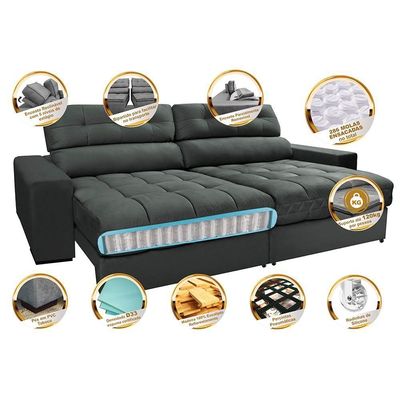 Sofá Retrátil E Reclinável Com Molas Ensacadas Cama Inbox Master 2,72m Tecido Suede Cinza