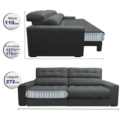 Sofá Retrátil E Reclinável Com Molas Ensacadas Cama Inbox Master 2,72m Tecido Suede Cinza