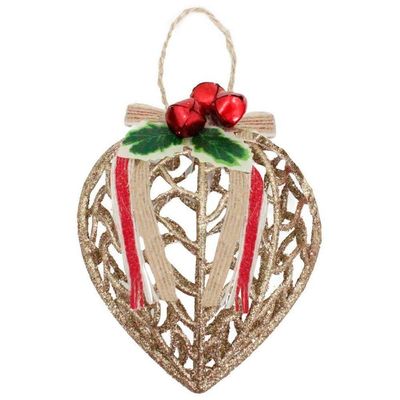 Conjunto 9 Peças Decoração Enfeite Bola Coração árvore Natal Dourada Glitter Natalina 11,5cm
