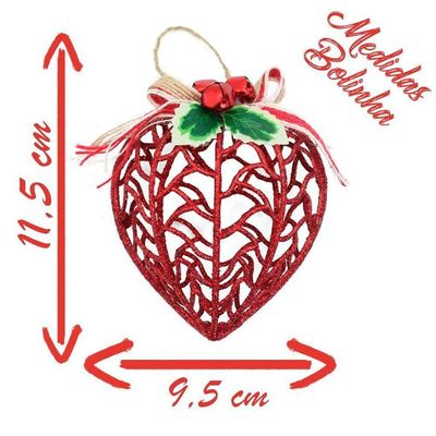 Kit Conjunto 9 Peças Decoração Enfeite Bola Coração árvore Natal Vermelha Glitter Natalina 11,5cm