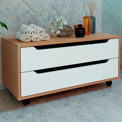 Balcao Gabinete Com 2 Gavetas E 4 Rodizios Bn3643 Amendoa Branco Tecno Mobili Amendoa Branco
