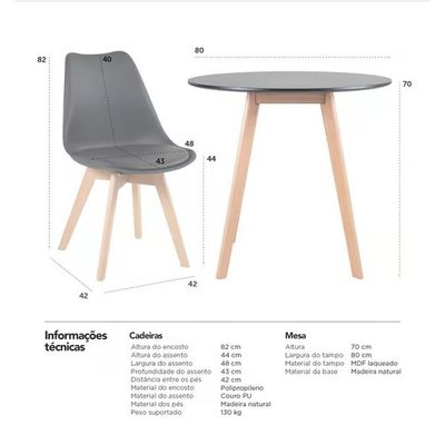 Conjunto Mesa Jantar Leda 80cm Preta + 2 Cadeiras Leda - Pretas