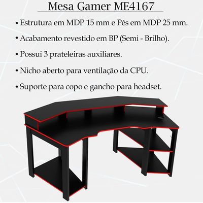 Mesa Gamer Cockpit 3 Prateleiras Me4167 Preto Vermelho Tecno Mobili Preto Vermelho