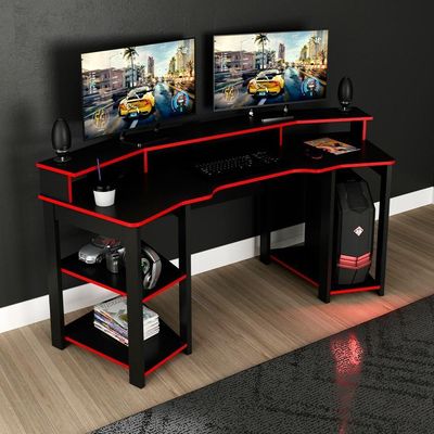 Mesa Gamer Cockpit 3 Prateleiras Me4167 Preto Vermelho Tecno Mobili Preto Vermelho