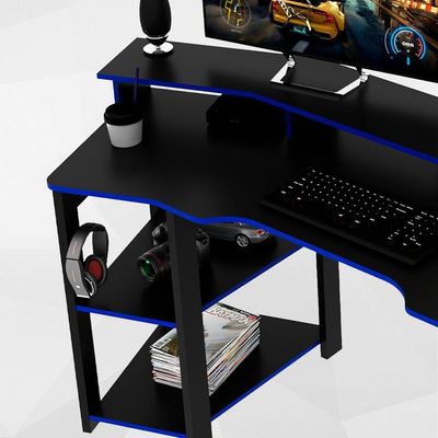 Mesa Gamer Cockpit 3 Prateleiras Me4167 Preto Azul Tecno Mobili Preto Azul