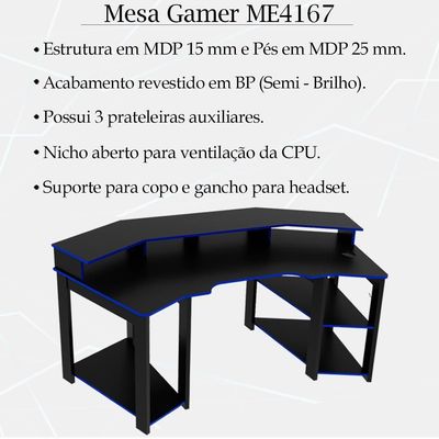 Mesa Gamer Cockpit 3 Prateleiras Me4167 Preto Azul Tecno Mobili Preto Azul