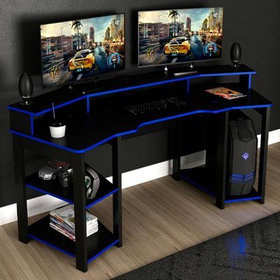 Mesa Gamer Cockpit 3 Prateleiras Me4167 Preto Azul Tecno Mobili Preto Azul