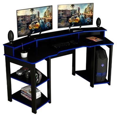 Mesa Gamer Cockpit 3 Prateleiras Me4167 Preto Azul Tecno Mobili Preto Azul