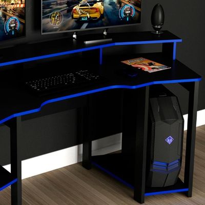 Mesa Gamer Cockpit 3 Prateleiras Me4167 Preto Azul Tecno Mobili Preto Azul