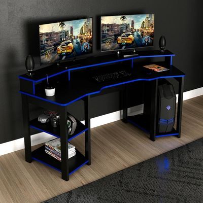 Mesa Gamer Cockpit 3 Prateleiras Me4167 Preto Azul Tecno Mobili Preto Azul